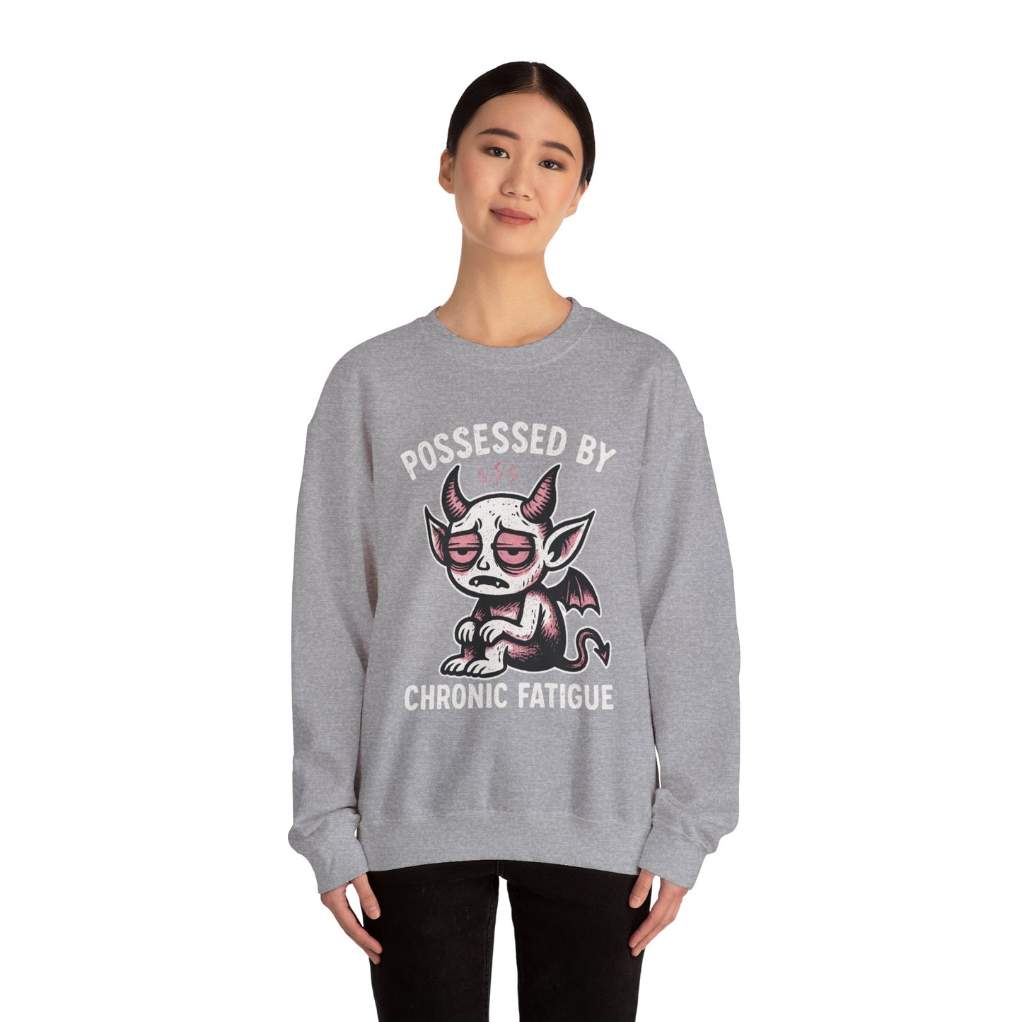 “Possessed by Chronic Fatigue” Tired Demon Crewneck Sweatshirt | Spooky Cute Pullover | Funny Horror Graphic