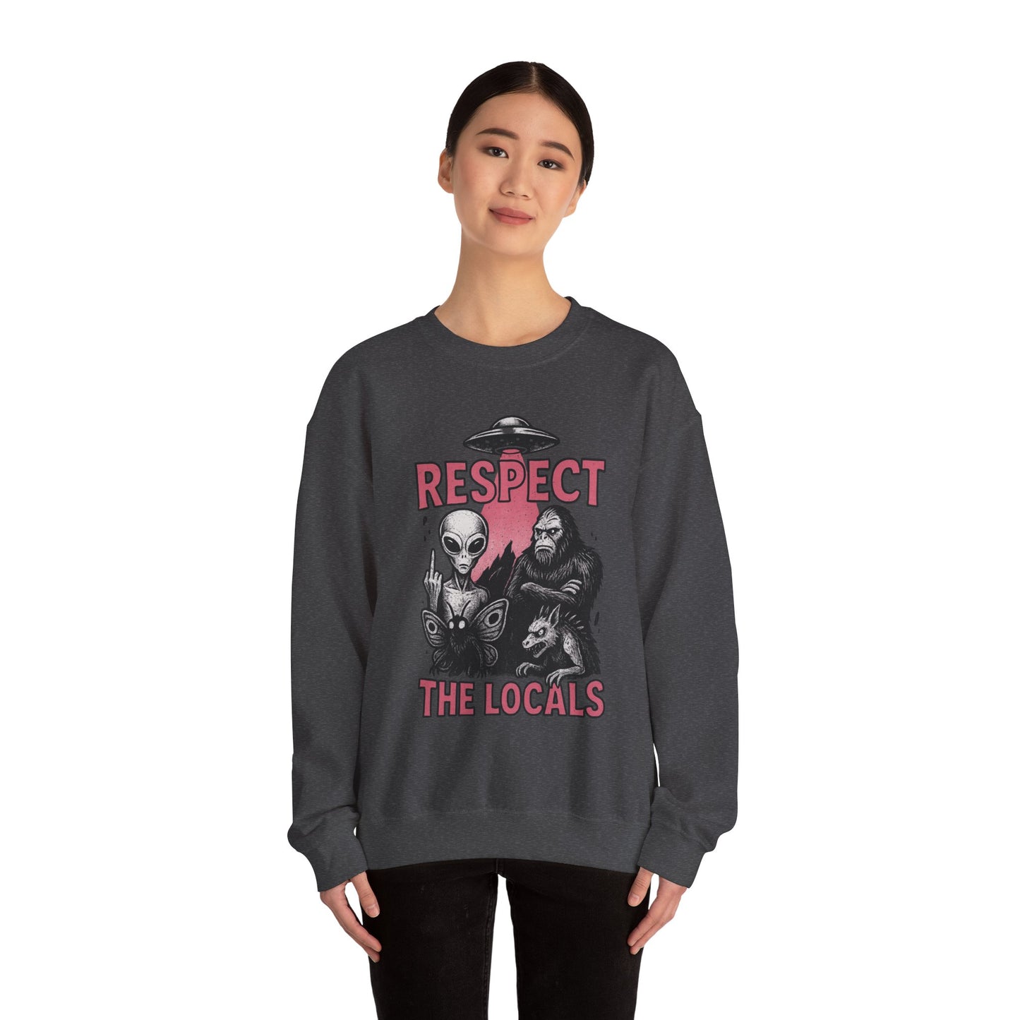 Cryptid ‘Respect the Locals’ Crewneck Sweatshirt | Spooky Cute Pullover | Funny Horror Monster Graphic