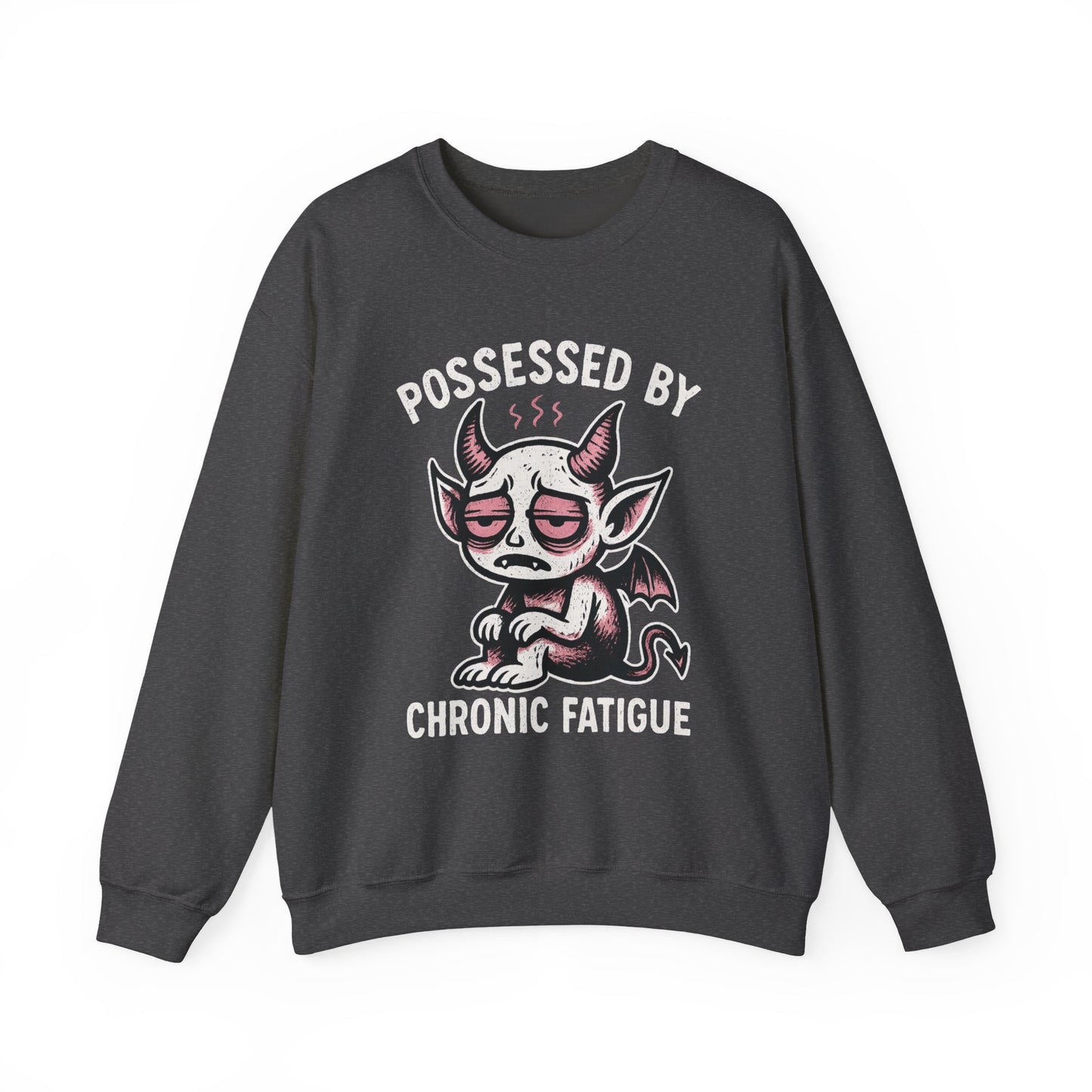 “Possessed by Chronic Fatigue” Tired Demon Crewneck Sweatshirt | Spooky Cute Pullover | Funny Horror Graphic