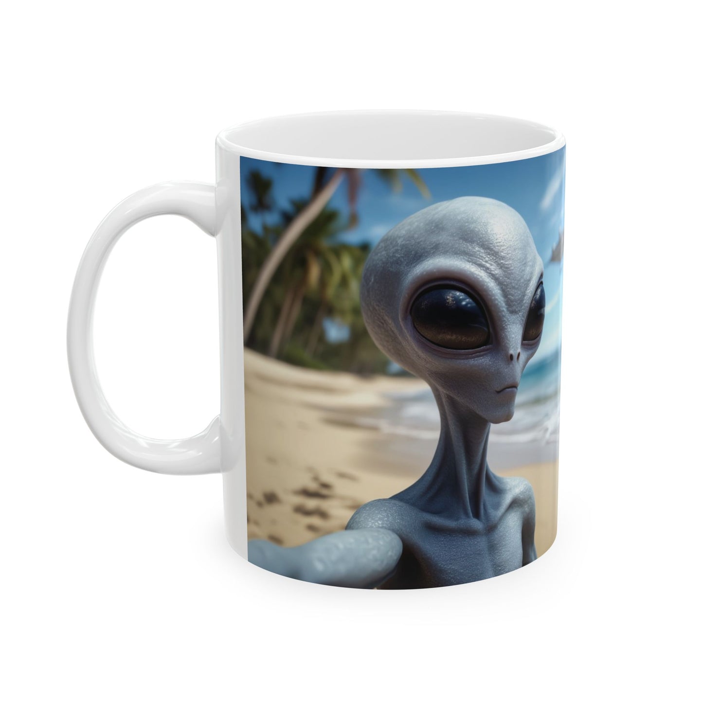 Alien Selfie Beach Scene Ceramic Mug