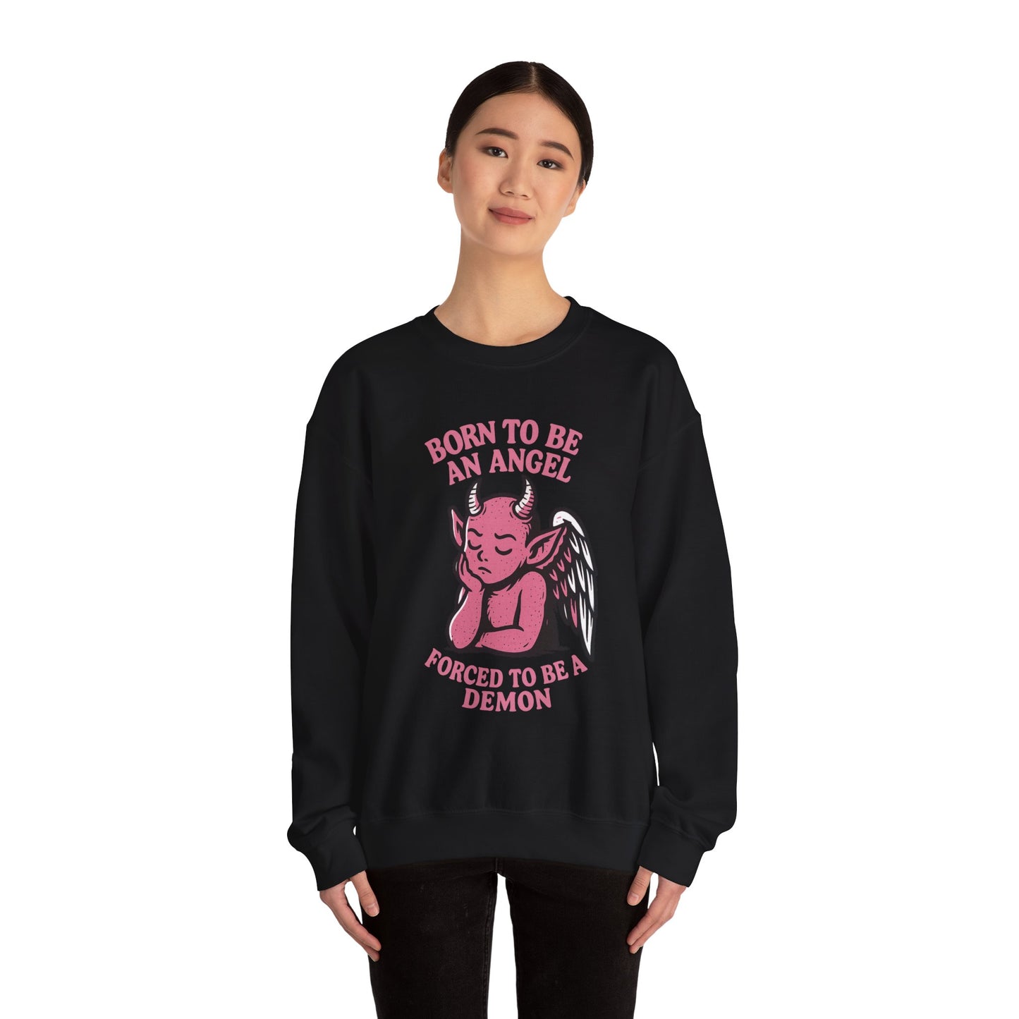 Sarcastic Angel-Demon Crewneck Sweatshirt | Spooky Cute Valentine’s Day Pullover | Funny Horror Love Graphic