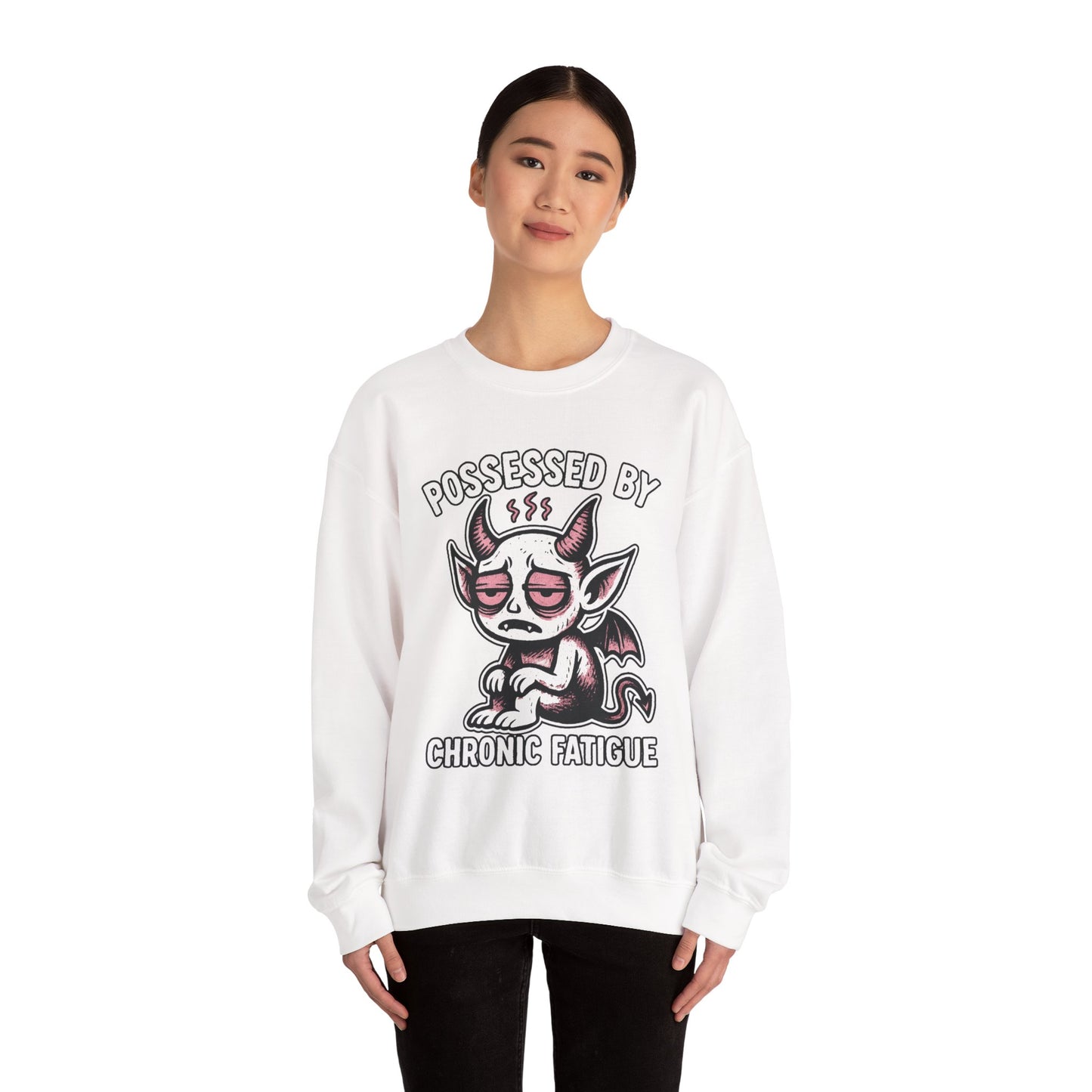 “Possessed by Chronic Fatigue” Tired Demon Crewneck Sweatshirt | Spooky Cute Pullover | Funny Horror Graphic