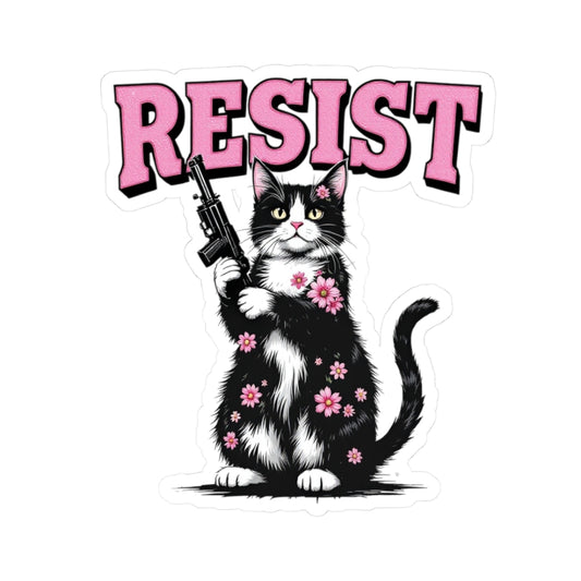 Resist Cat Kiss-Cut Stickers - Floral Cat with Gun Design