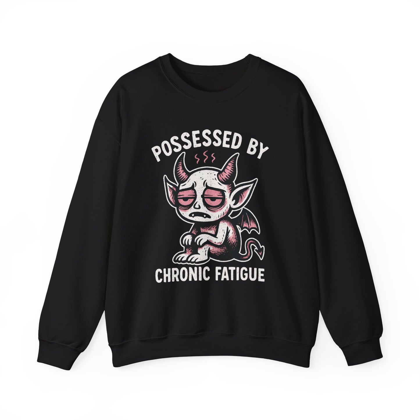 “Possessed by Chronic Fatigue” Tired Demon Crewneck Sweatshirt | Spooky Cute Pullover | Funny Horror Graphic