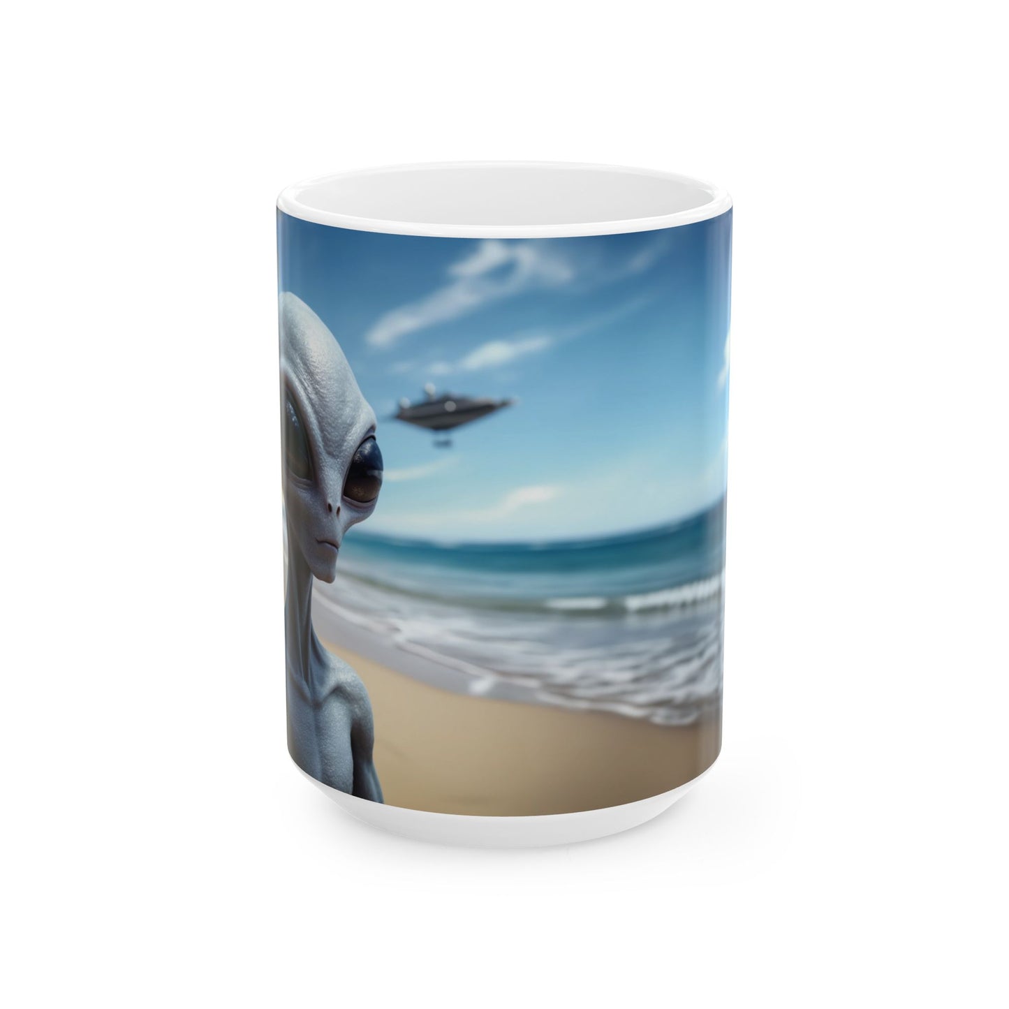Alien Selfie Beach Scene Ceramic Mug