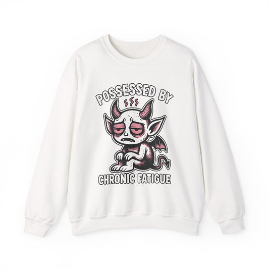 “Possessed by Chronic Fatigue” Tired Demon Crewneck Sweatshirt | Spooky Cute Pullover | Funny Horror Graphic