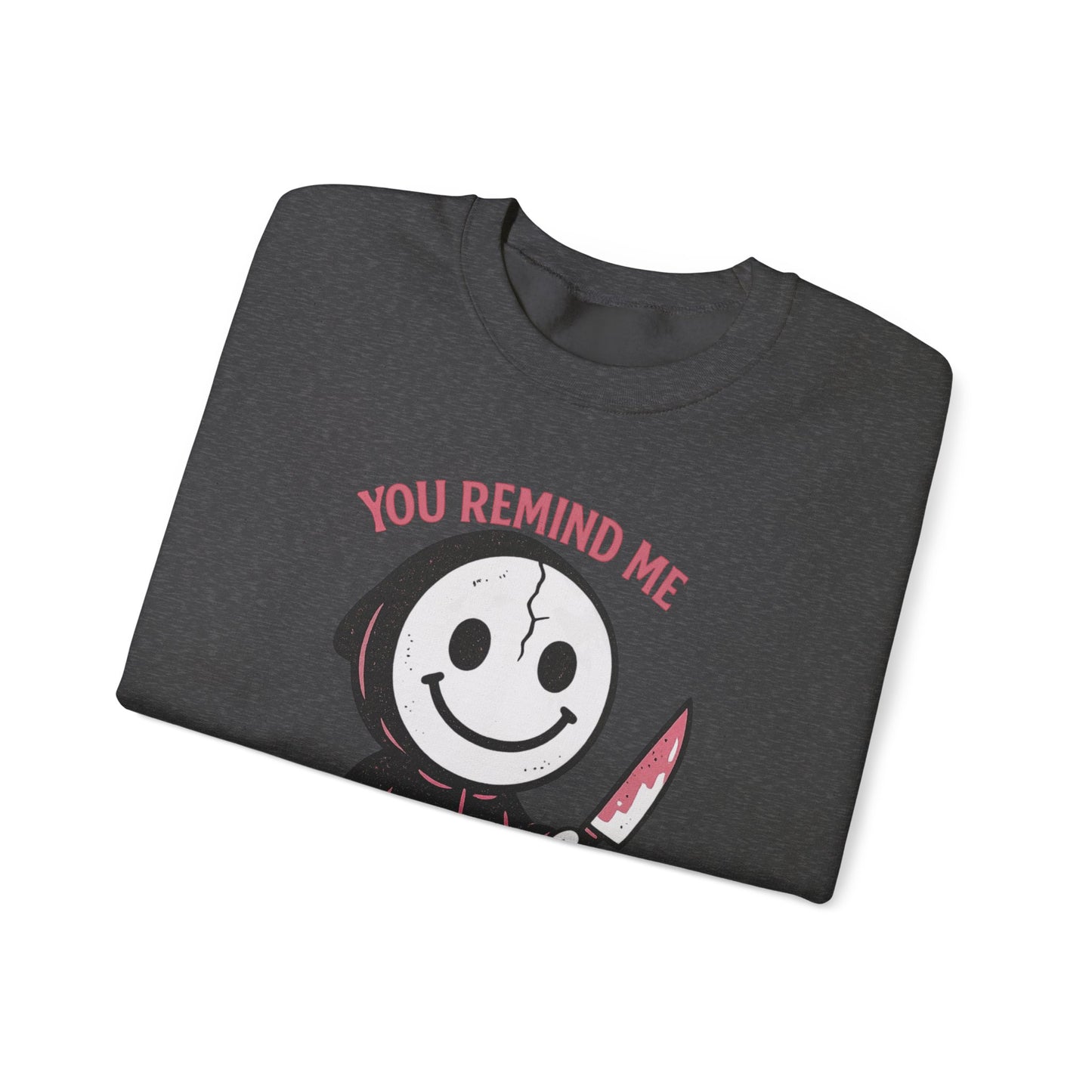 ‘You Remind Me that I’m Psycho’ Hoodie Face Crewneck Sweatshirt | Spooky Cute Valentine’s Day Pullover | Funny Horror Love Graphic
