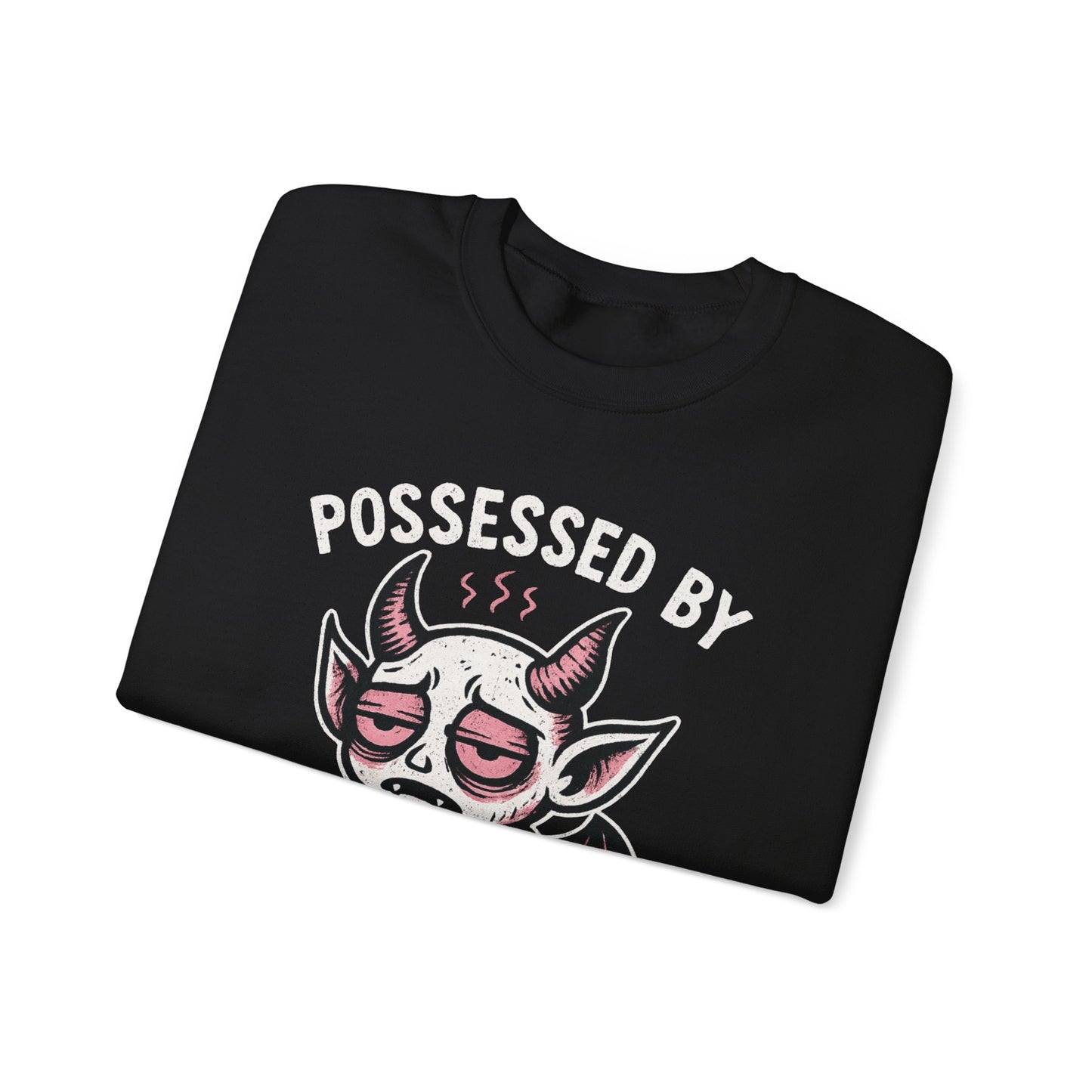 “Possessed by Chronic Fatigue” Tired Demon Crewneck Sweatshirt | Spooky Cute Pullover | Funny Horror Graphic