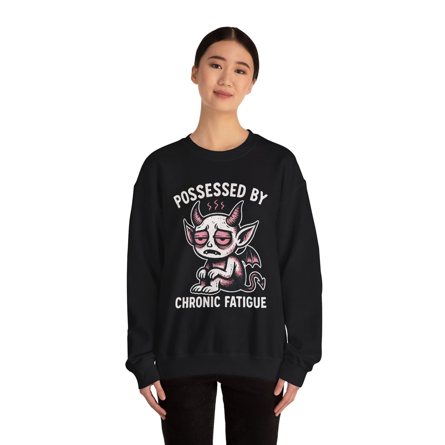 “Possessed by Chronic Fatigue” Tired Demon Crewneck Sweatshirt | Spooky Cute Pullover | Funny Horror Graphic