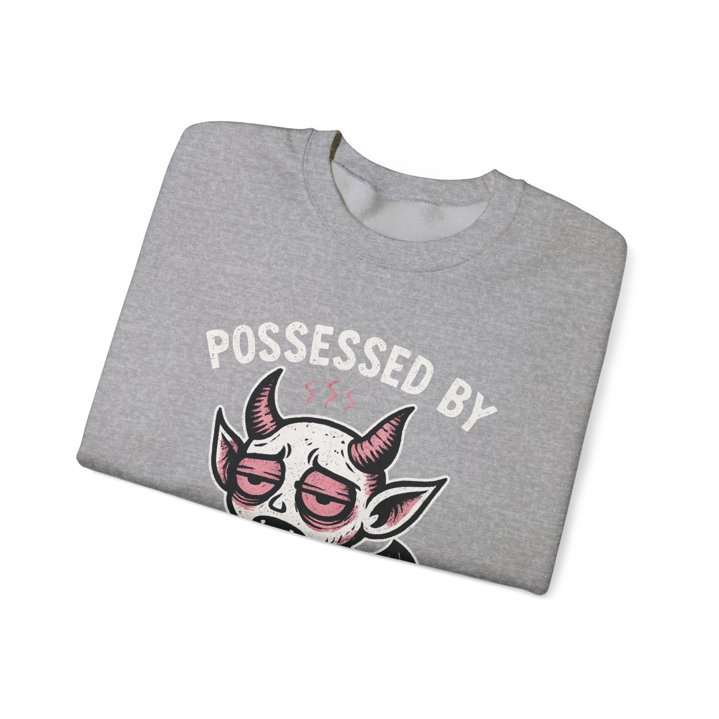 “Possessed by Chronic Fatigue” Tired Demon Crewneck Sweatshirt | Spooky Cute Pullover | Funny Horror Graphic