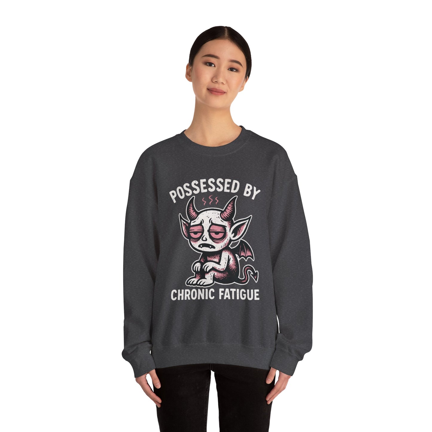 “Possessed by Chronic Fatigue” Tired Demon Crewneck Sweatshirt | Spooky Cute Pullover | Funny Horror Graphic