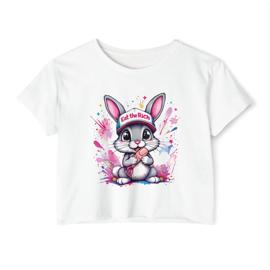 Eat the Rich Bunny Women’s Festival Crop Top - Fun & Vibrant Graphic Tee
