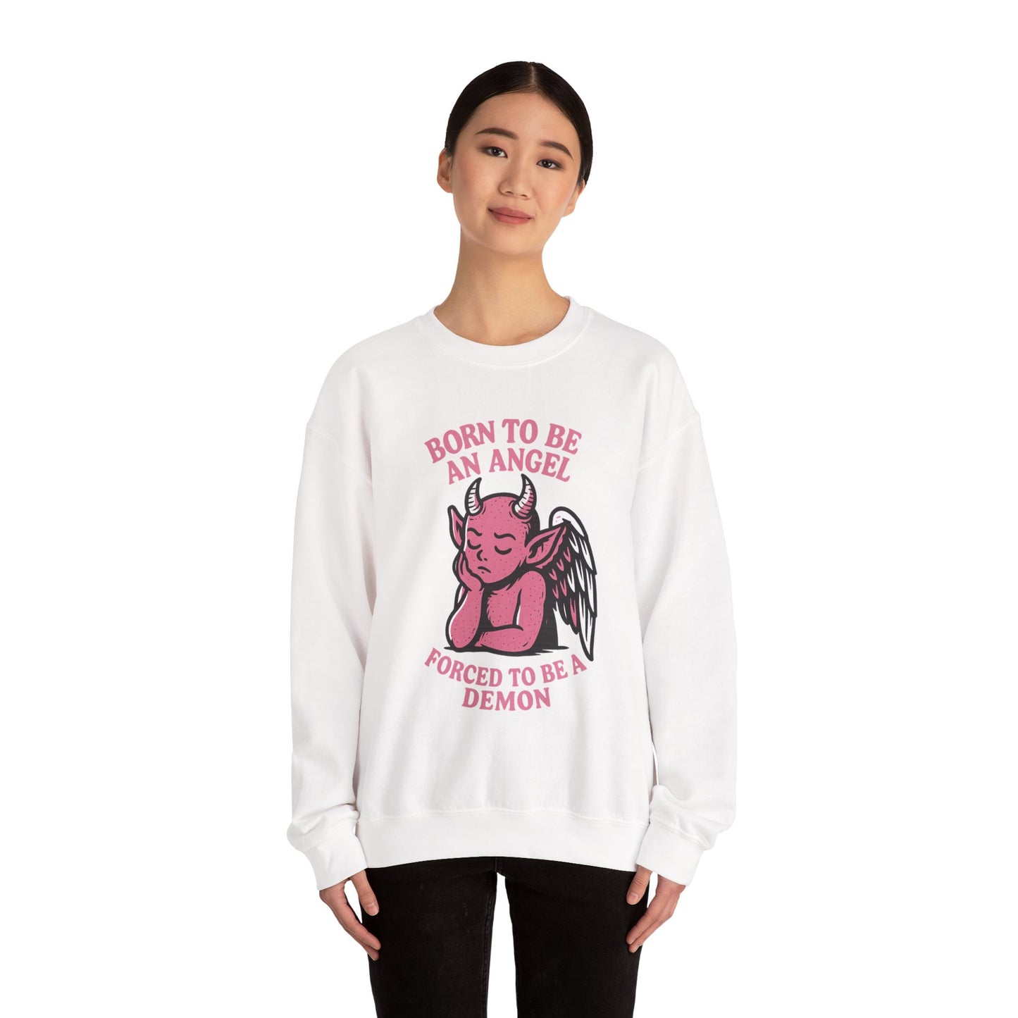 Sarcastic Angel-Demon Crewneck Sweatshirt | Spooky Cute Valentine’s Day Pullover | Funny Horror Love Graphic