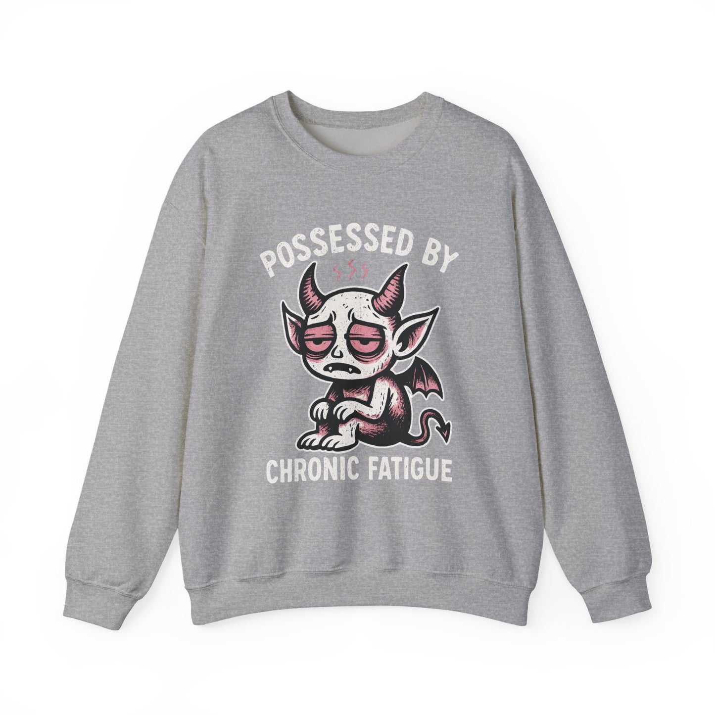 “Possessed by Chronic Fatigue” Tired Demon Crewneck Sweatshirt | Spooky Cute Pullover | Funny Horror Graphic