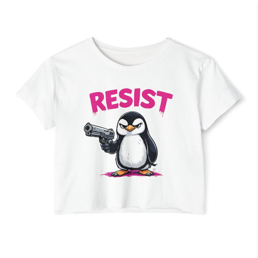 Resist Penguin with Gun Women's Festival Crop Top - Fun & Vibrant Graphic Tee for Summer Events
