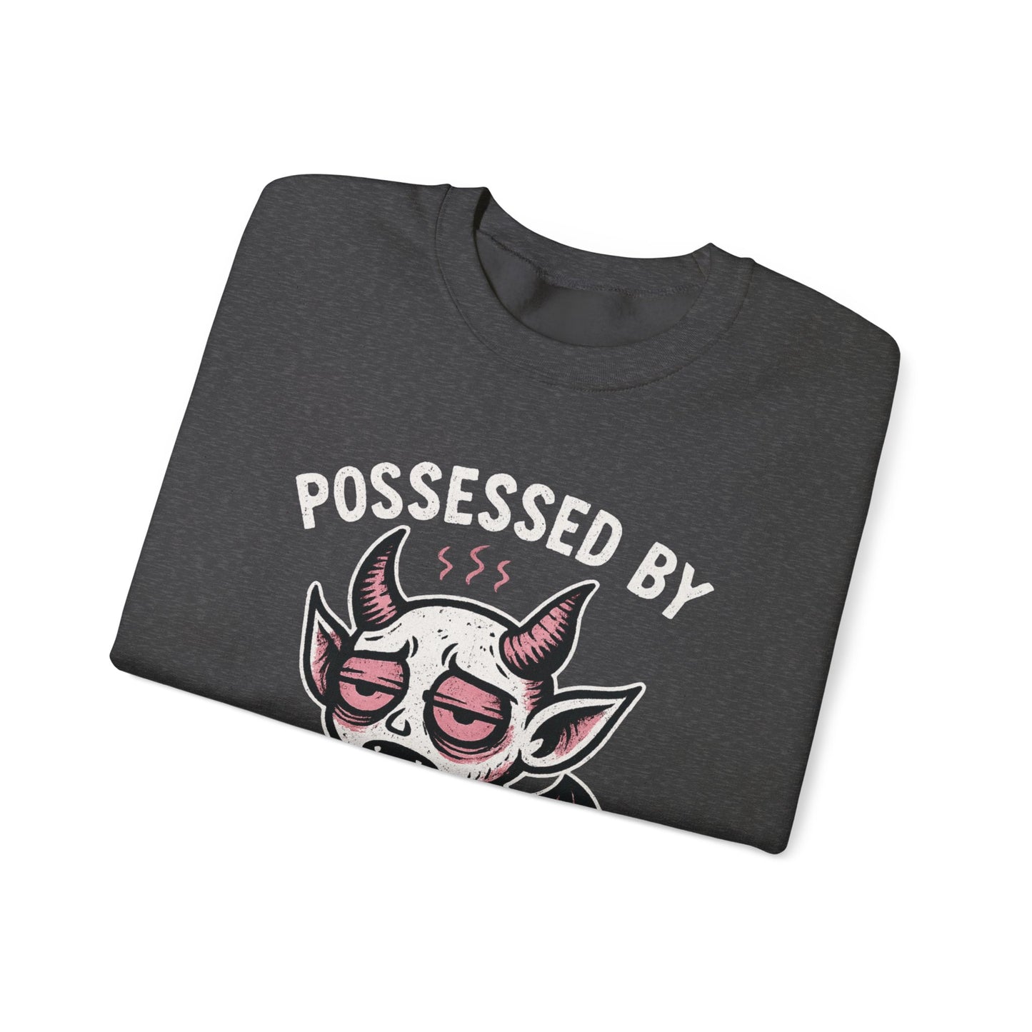 “Possessed by Chronic Fatigue” Tired Demon Crewneck Sweatshirt | Spooky Cute Pullover | Funny Horror Graphic