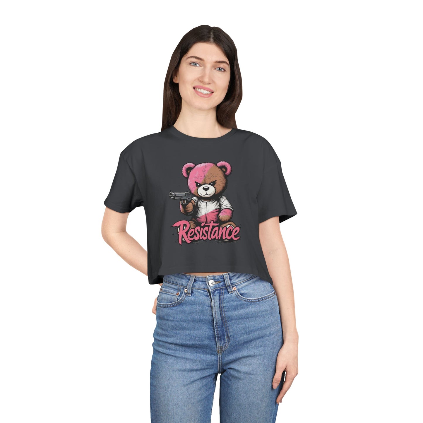 Edgy Teddy Bear Resist the Regime Graphic Crop Tee