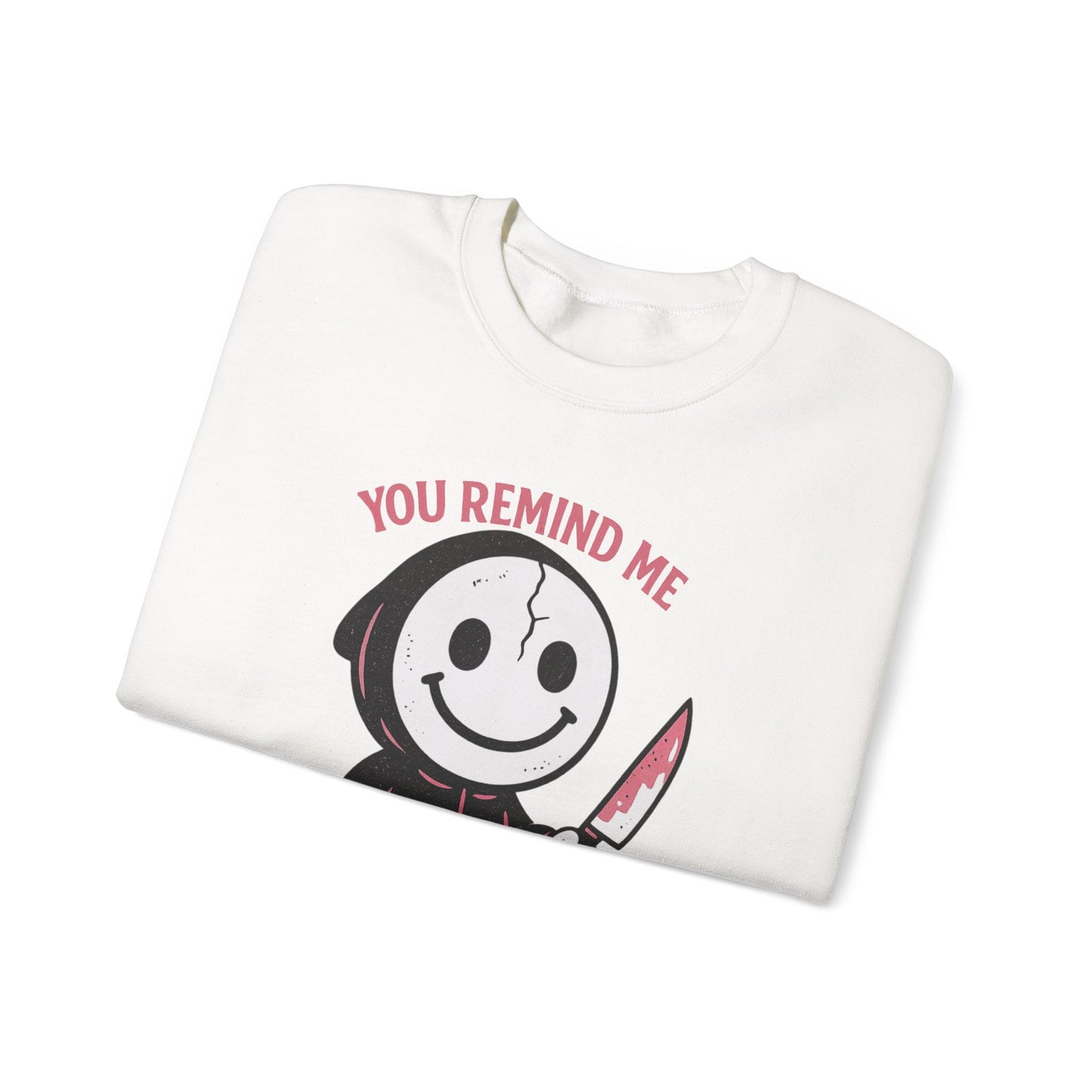 ‘You Remind Me that I’m Psycho’ Hoodie Face Crewneck Sweatshirt | Spooky Cute Valentine’s Day Pullover | Funny Horror Love Graphic