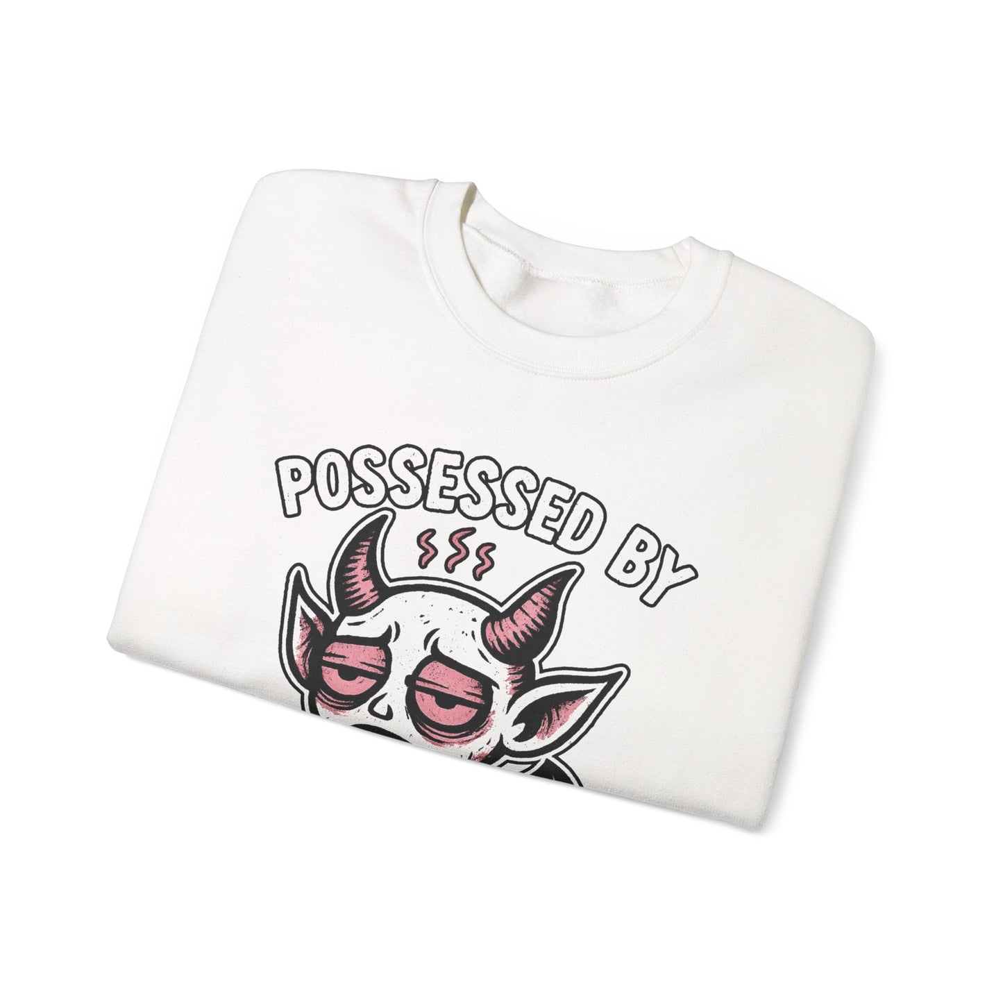 “Possessed by Chronic Fatigue” Tired Demon Crewneck Sweatshirt | Spooky Cute Pullover | Funny Horror Graphic