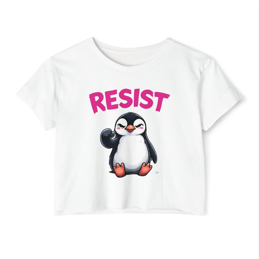 Resist Penguin Fistpump Women's Festival Crop Top - Fun & Vibrant Graphic Tee for Summer Events