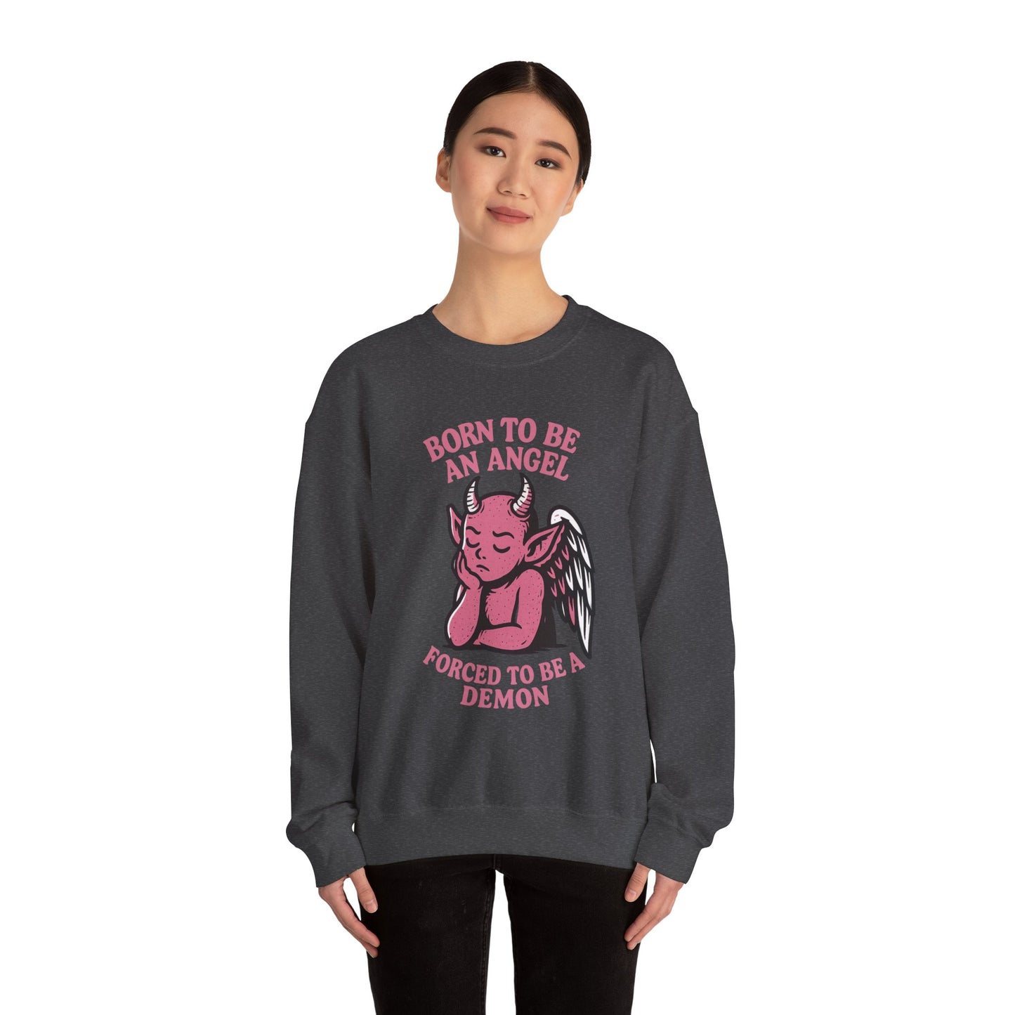 Sarcastic Angel-Demon Crewneck Sweatshirt | Spooky Cute Valentine’s Day Pullover | Funny Horror Love Graphic